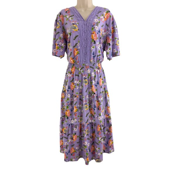 Vintage Purple Floral Bird Print Soft Knit Tiered Maxi Dress Size 20W 2X Plus Sz - Picture 1 of 7
